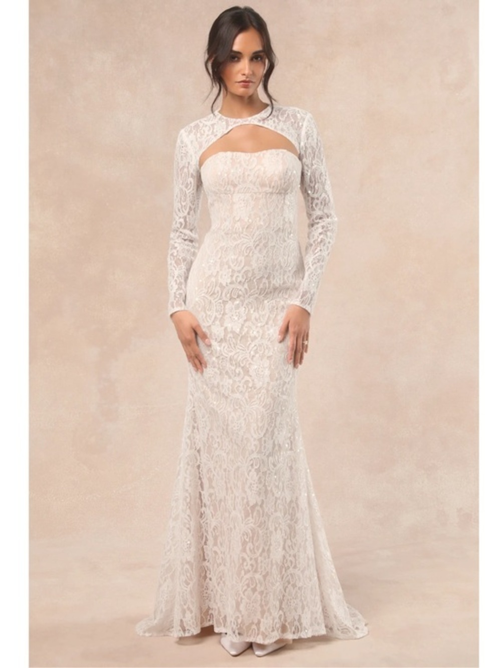 NWT Lulu’s Neska White and Beige Lace Maxi Wedding Dress and Shrug Set Large